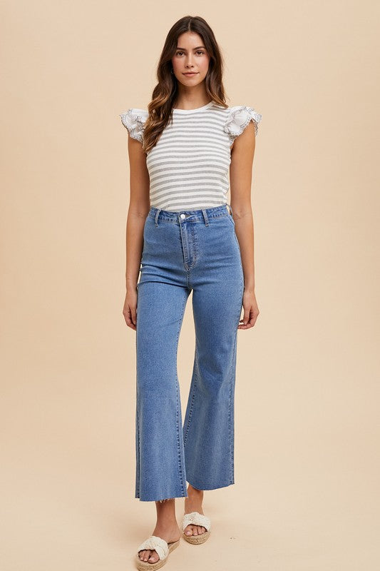 Ruffled Striped Round Neck Cap Sleeve Knit Top - Wildflower Hippies