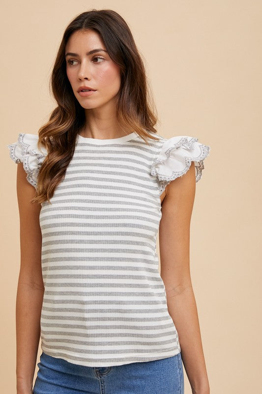 Ruffled Striped Round Neck Cap Sleeve Knit Top - Wildflower Hippies