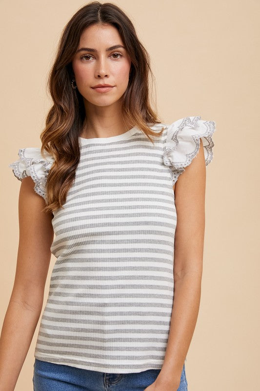 Ruffled Striped Round Neck Cap Sleeve Knit Top - Wildflower Hippies
