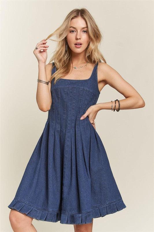 Smocked Back Square Neck Denim Dress - Wildflower Hippies