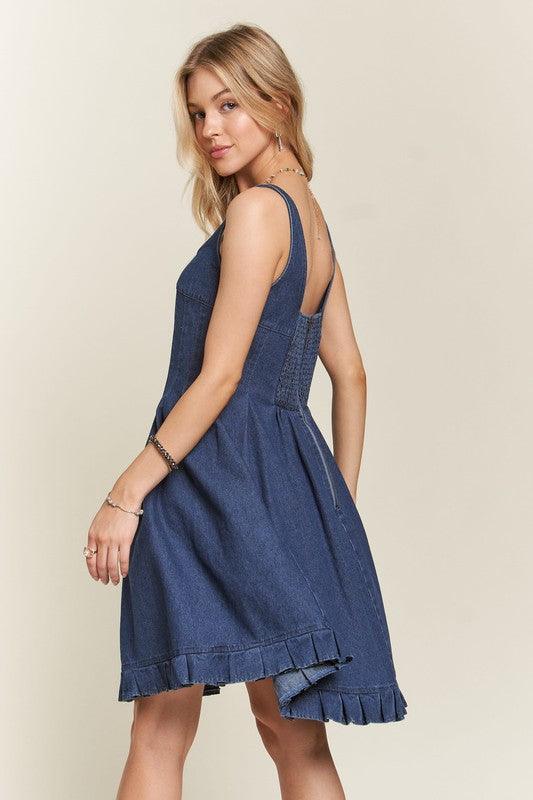Smocked Back Square Neck Denim Dress - Wildflower Hippies