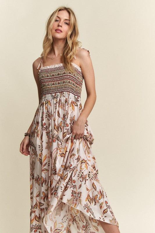 Smocked Printed Square Neck Tie Shoulder Cami Dress - Wildflower Hippies