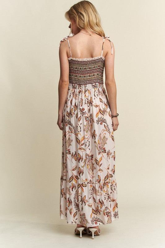 Smocked Printed Square Neck Tie Shoulder Cami Dress - Wildflower Hippies