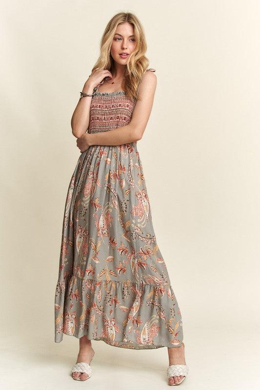 Smocked Printed Square Neck Tie Shoulder Cami Dress - Wildflower Hippies