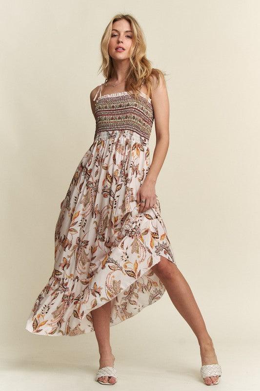 Smocked Printed Square Neck Tie Shoulder Cami Dress - Wildflower Hippies