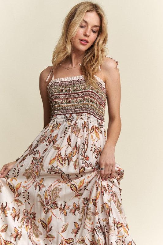 Smocked Printed Square Neck Tie Shoulder Cami Dress - Wildflower Hippies