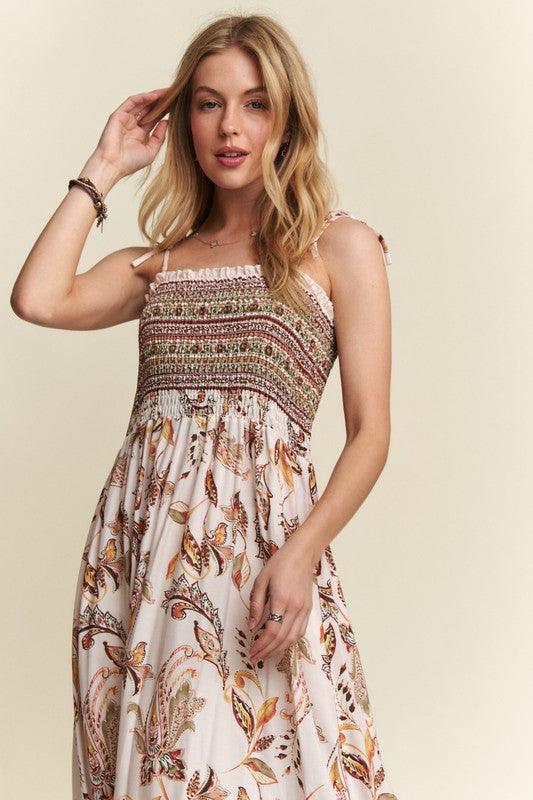 Smocked Printed Square Neck Tie Shoulder Cami Dress - Wildflower Hippies