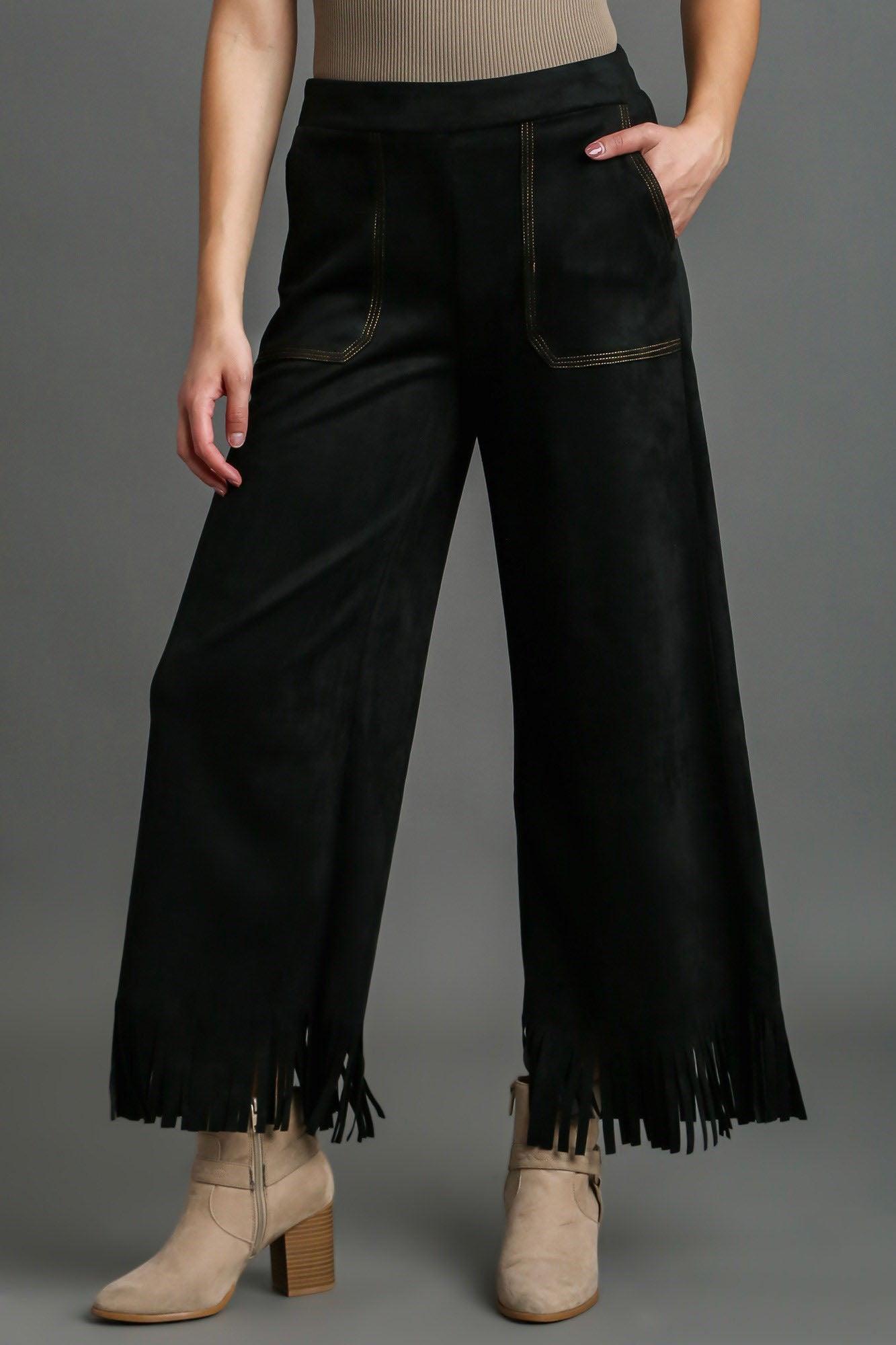 Suede Fringe Hem Wide Leg Pants - Wildflower Hippies