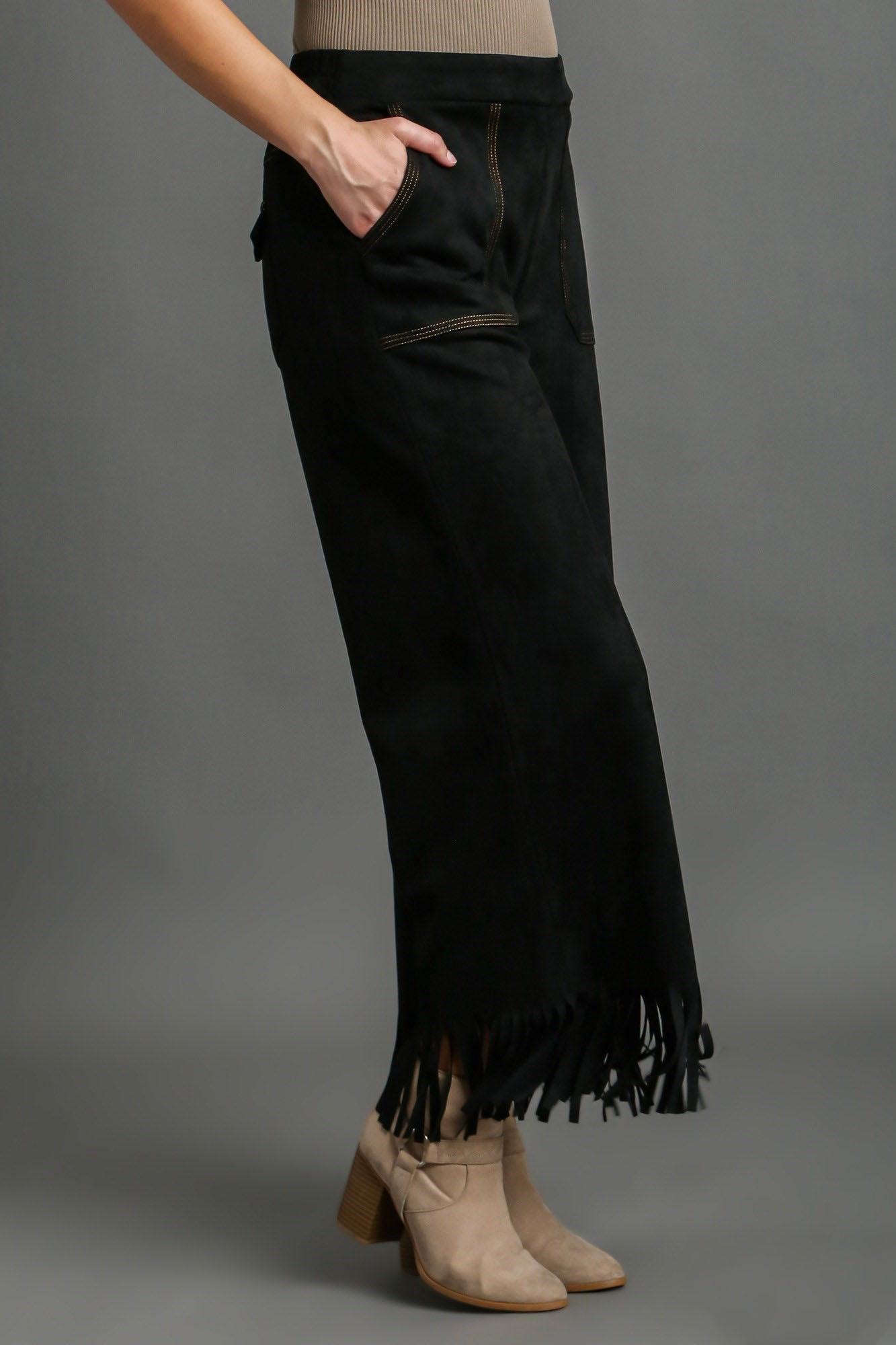Suede Fringe Hem Wide Leg Pants - Wildflower Hippies