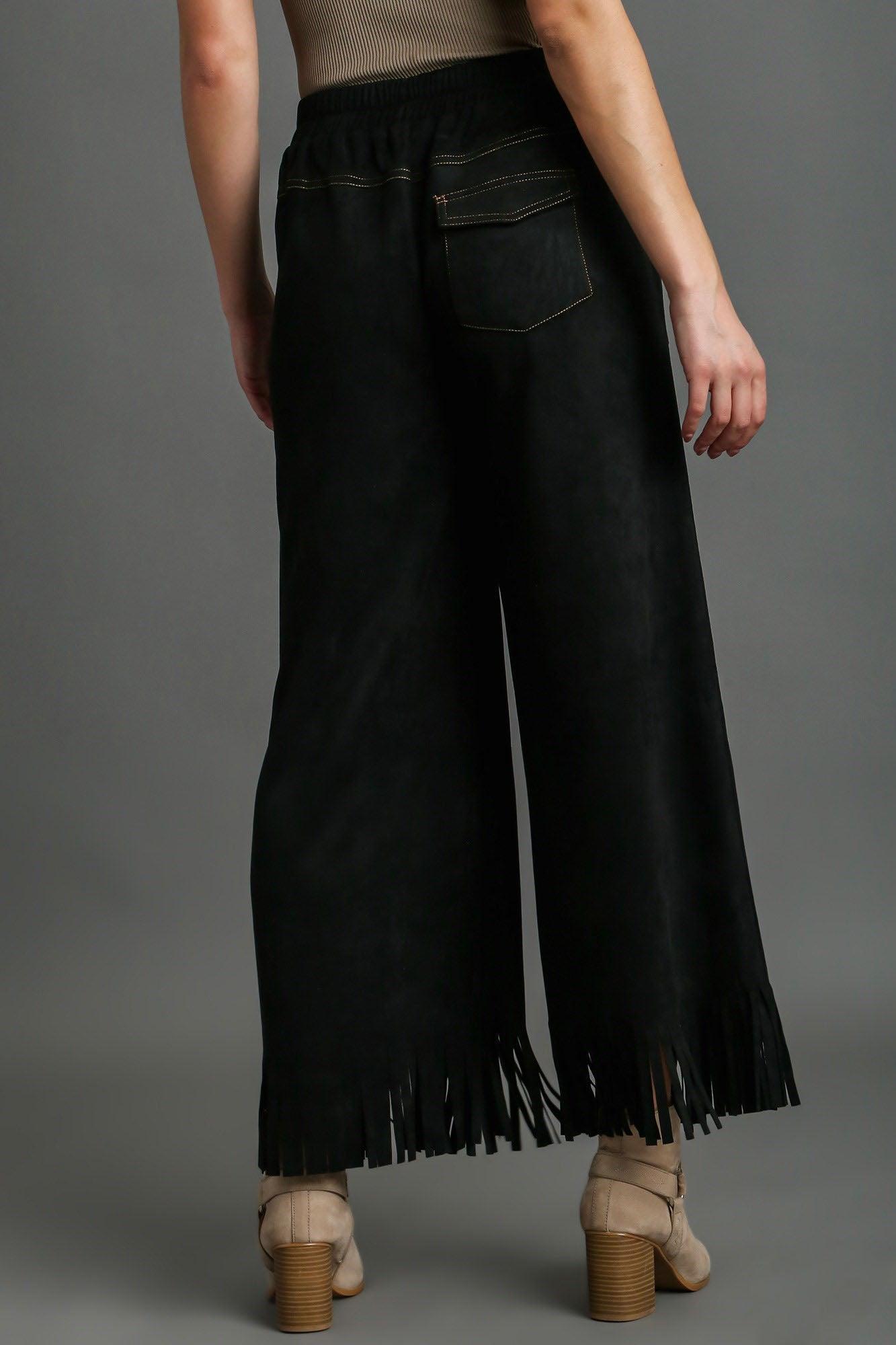 Suede Fringe Hem Wide Leg Pants - Wildflower Hippies