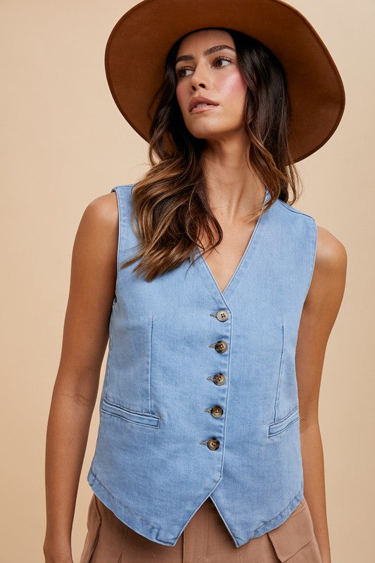 Button Down V-Neck Denim Vest