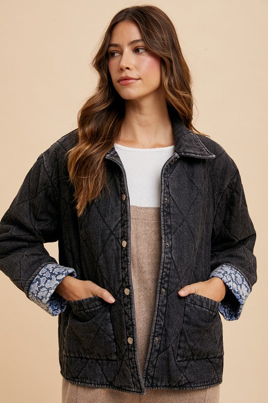 Quilted Printed Lining Snap Down Denim Jacket