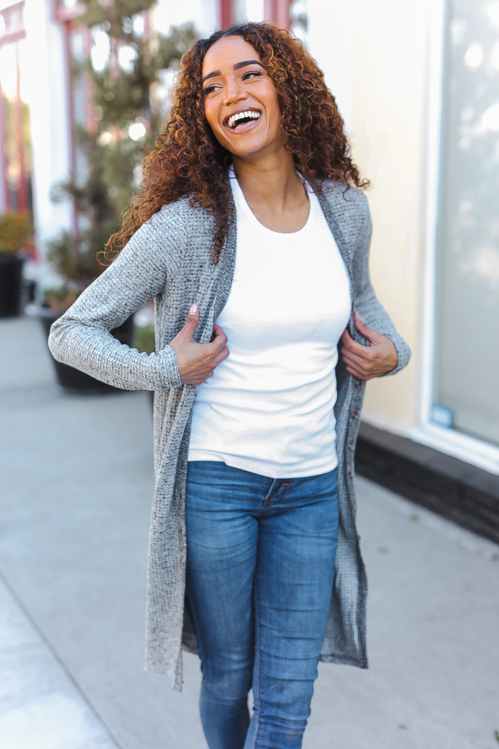 Spread Joy Grey Brushed Knit Crochet Button Down Duster Cardigan