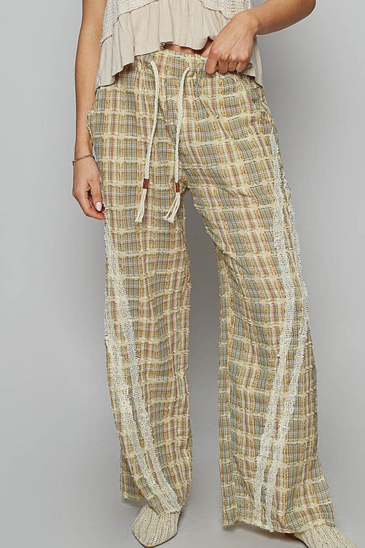 Lace Trim Drawstring Checkered Wide Leg Pants