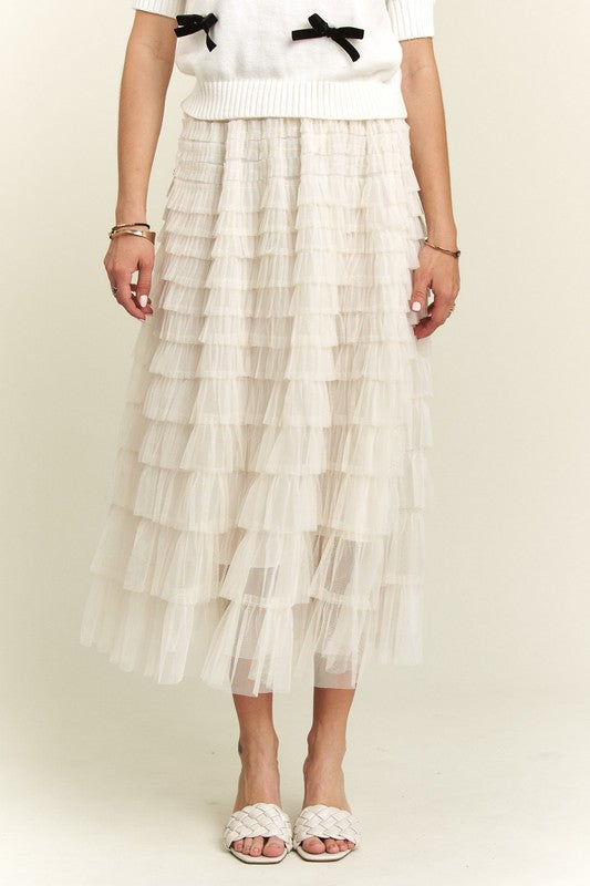 Elastic Waist Layered Mesh Midi Skirt