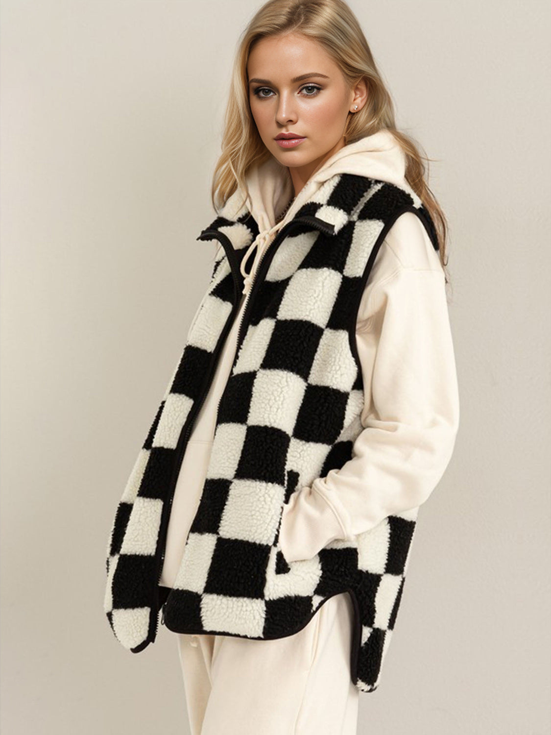 Zip Up Checkered Vest