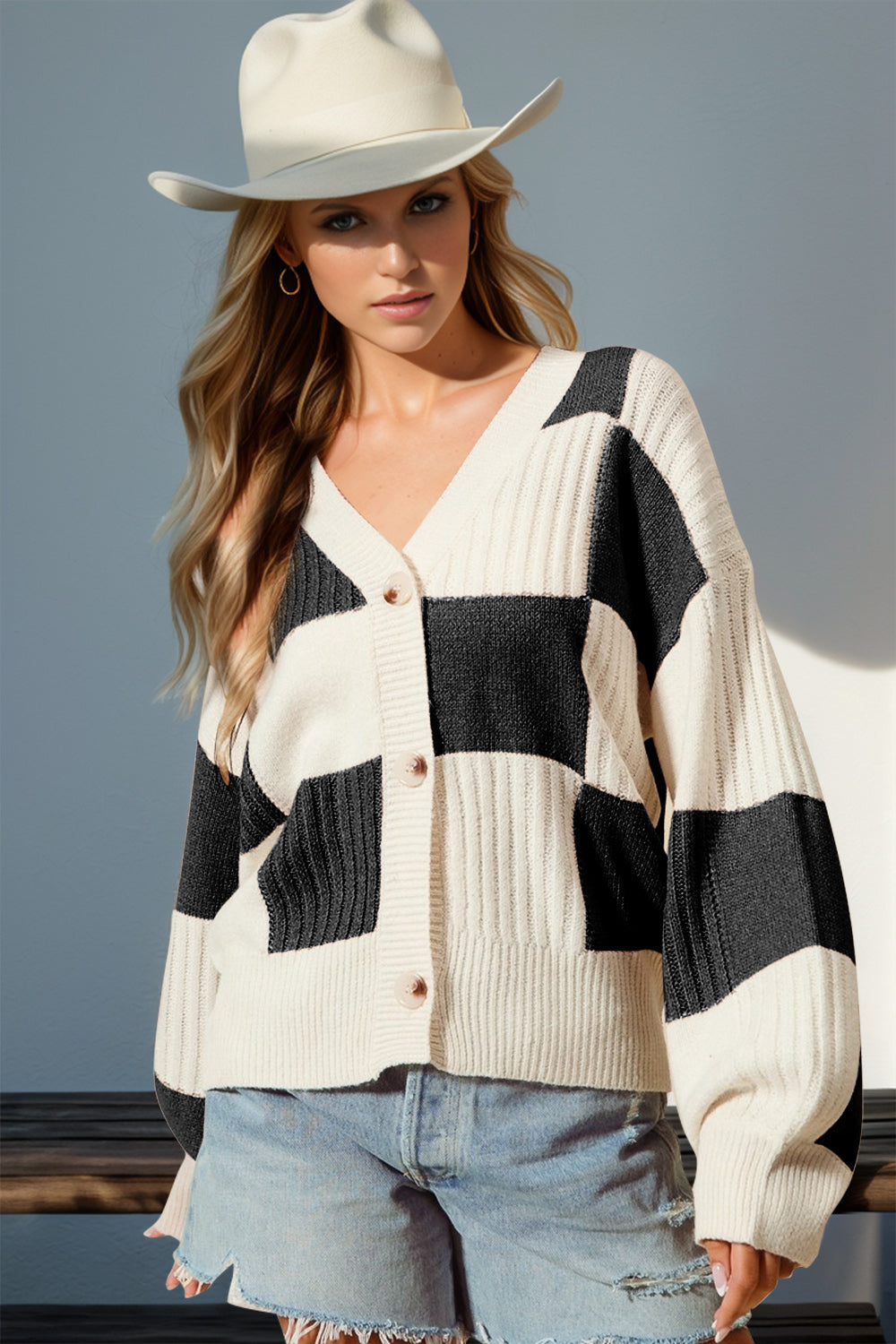 Checkered Dropped Shoulder Cardigan