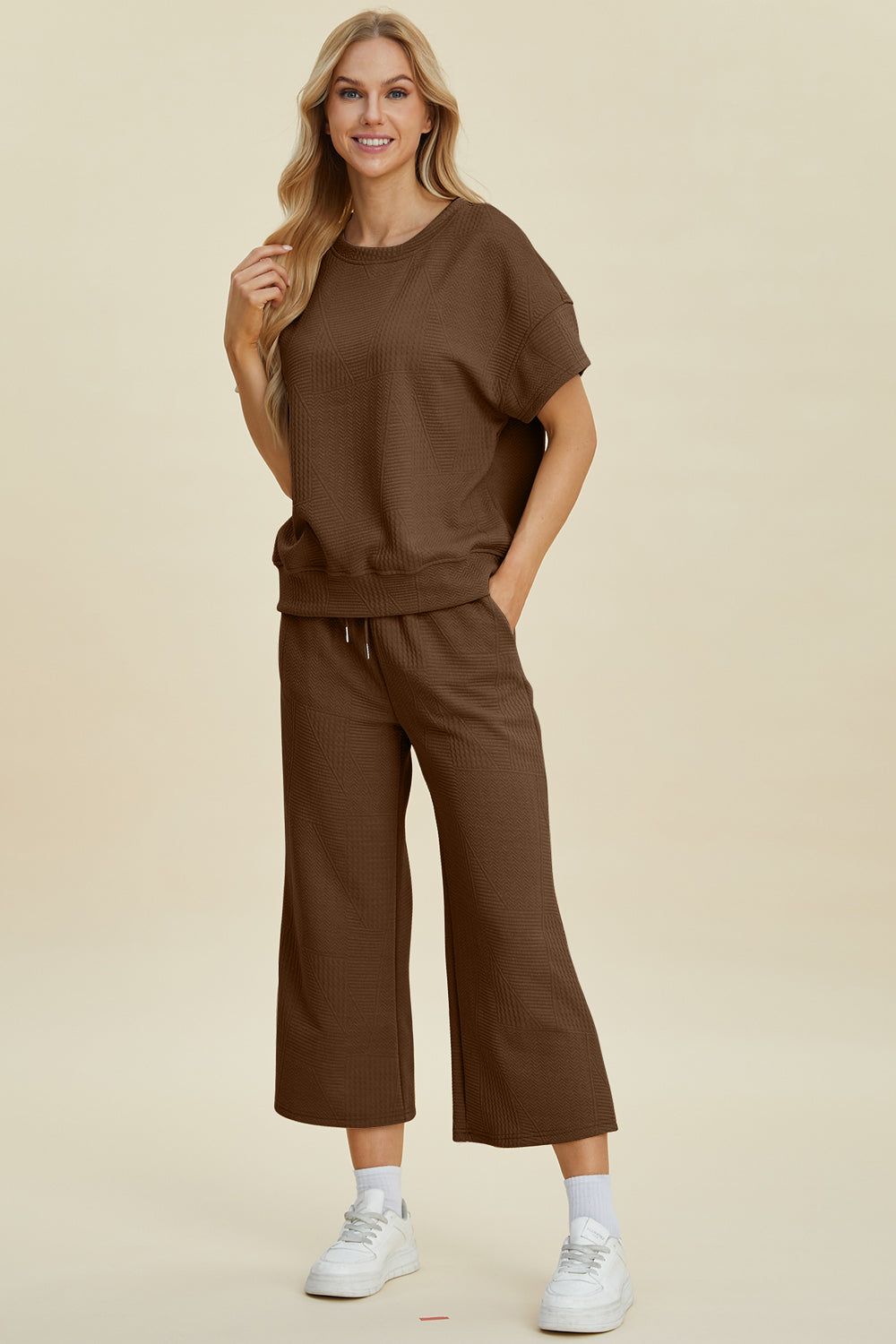 Texture Round Neck Top and Pants Set