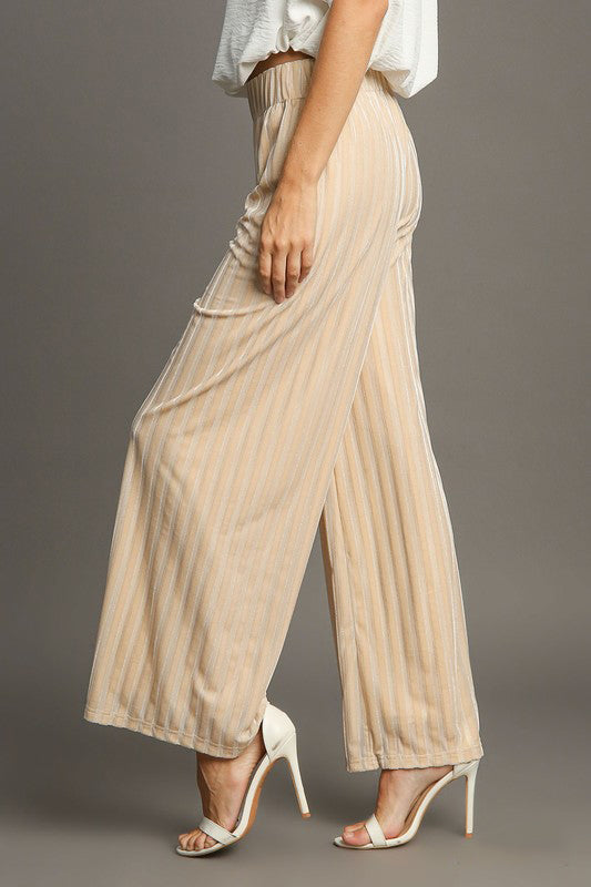 Elastic Waist Striped Wide Leg Velvet Pants