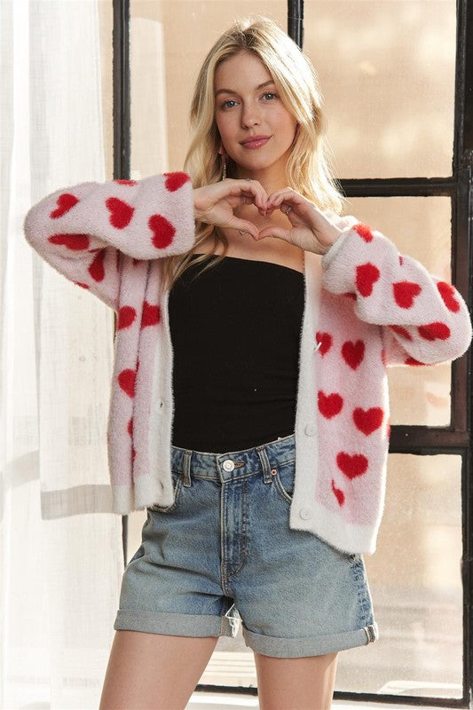 Fuzzy Heart Button Down Cardigan