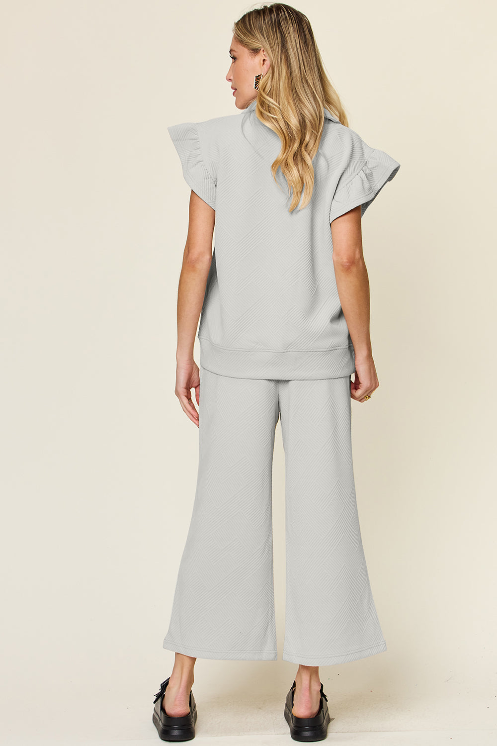 Ruffle Short Sleeve Top and Drawstring Wide Leg Pants Set