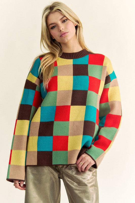 Color Block Checkered Dropped Shoulder Sweater