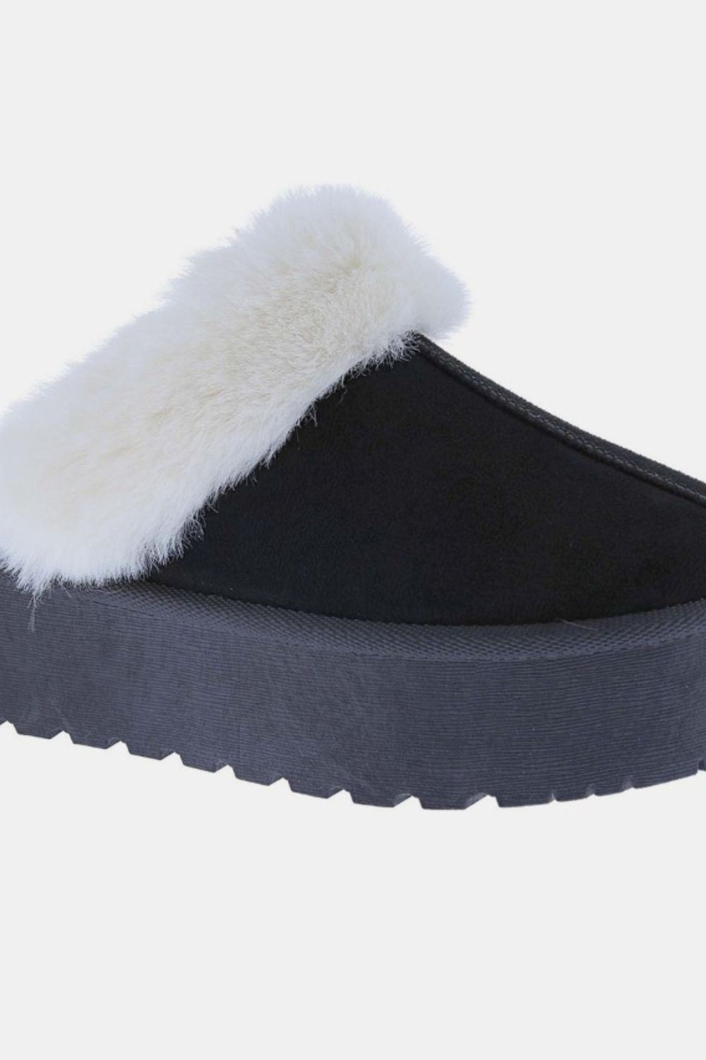 Thick Bottom Fur Trim Snow Slippers - Black