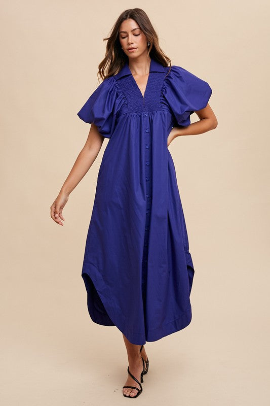 Smocked Puff Sleeve Midi Dress