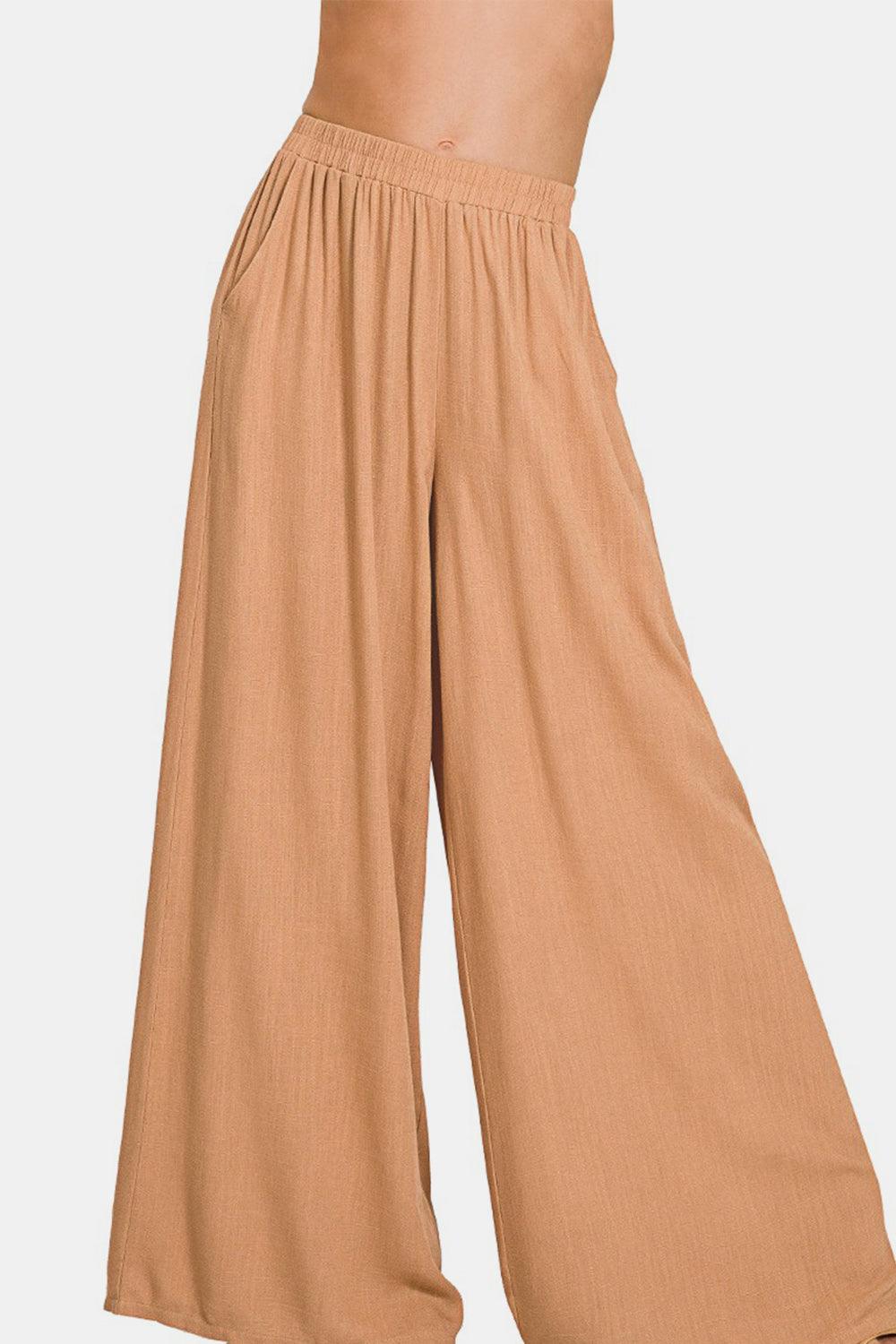 Zenana Pleated Linen Blend Wide Leg Pants - Wildflower Hippies