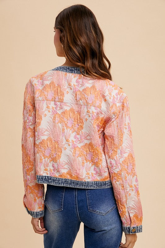 Floral Jacquard Denim Contrast Button Down Jacket