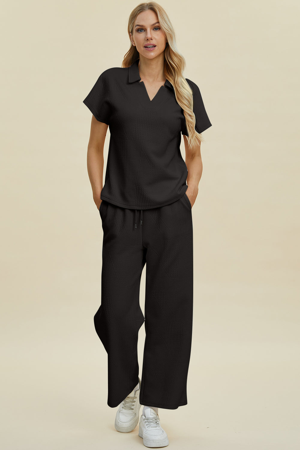 Collared Neck Short Sleeve Top and Pants Set