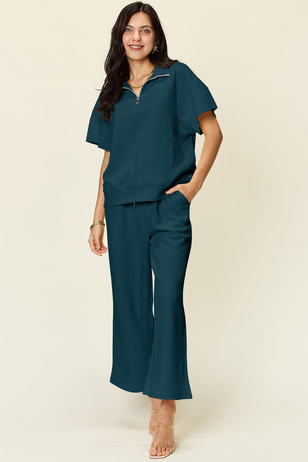 Texture Half Zip Short Sleeve Top and Pants Set