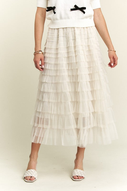 Elastic Waist Layered Mesh Midi Skirt