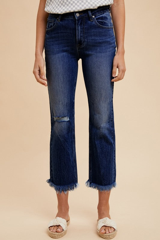 Distressed Raw Hem Straight Leg Cropped Jeans