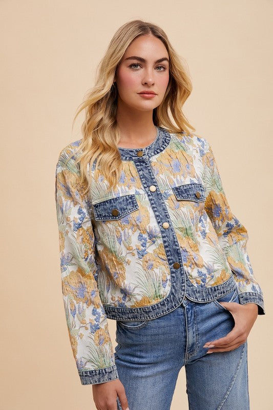 Floral Jacquard Denim Contrast Button Down Jacket