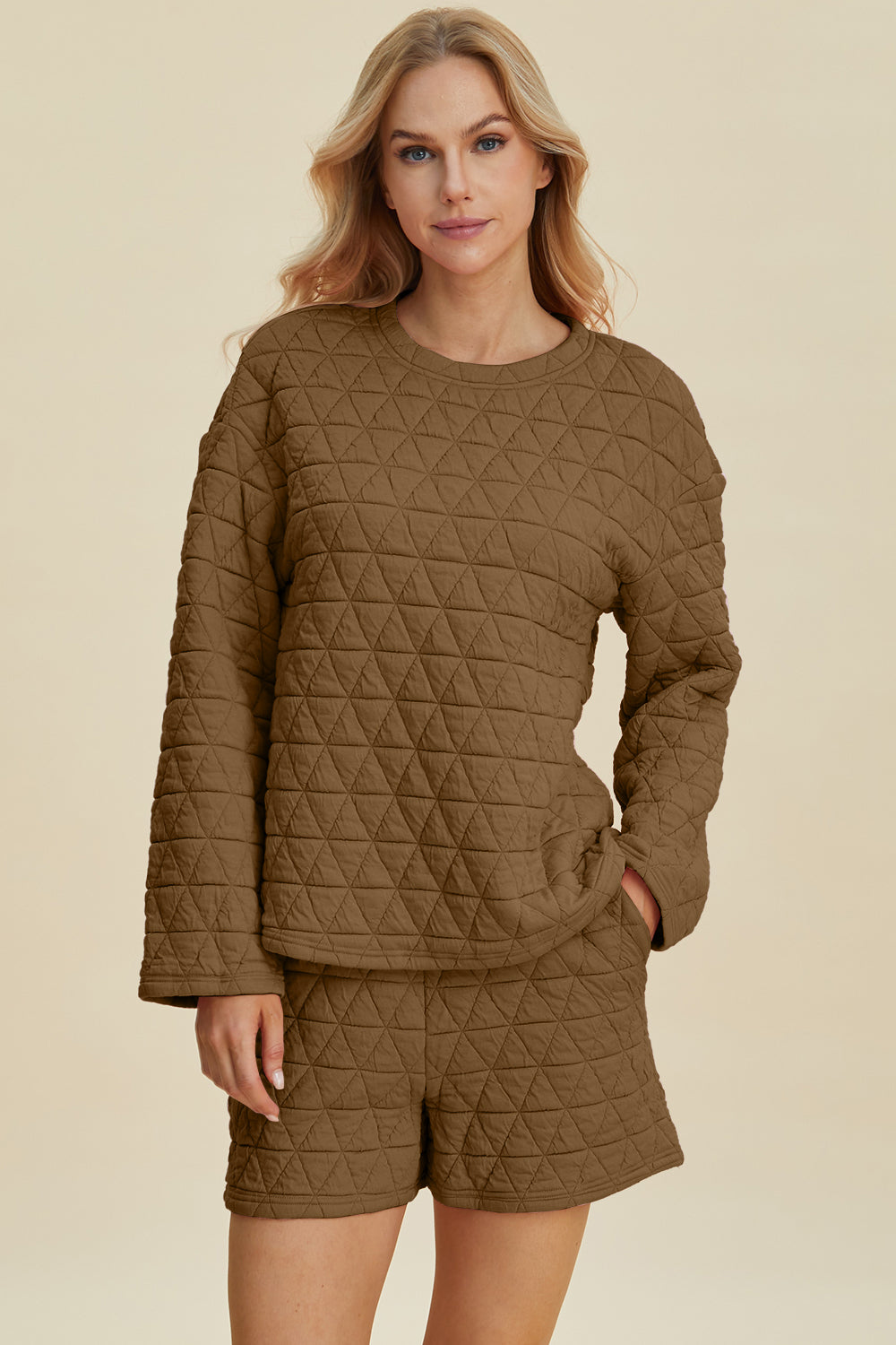 Texture Round Neck Long Sleeve Top and Shorts Set