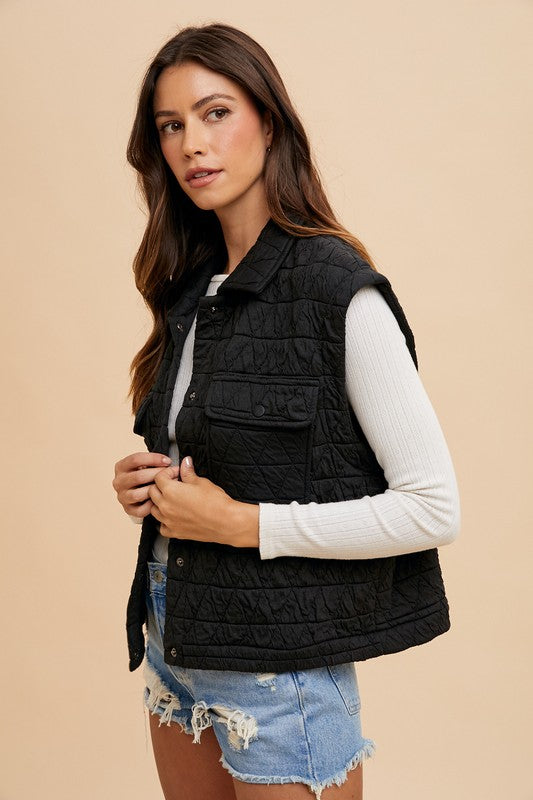 Texture Quilted Snap Down Vest Coat