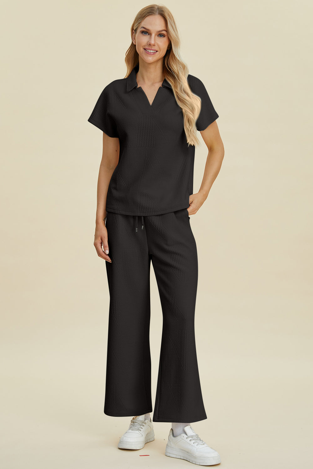 Collared Neck Short Sleeve Top and Pants Set