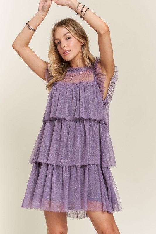 Layered Ruffled Cap Sleeve Mesh Dress