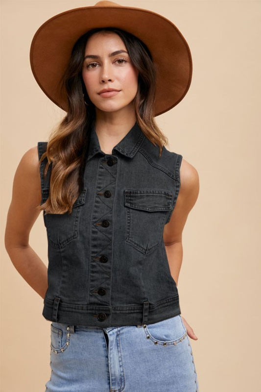 Collared Neck Button Down Denim Vest