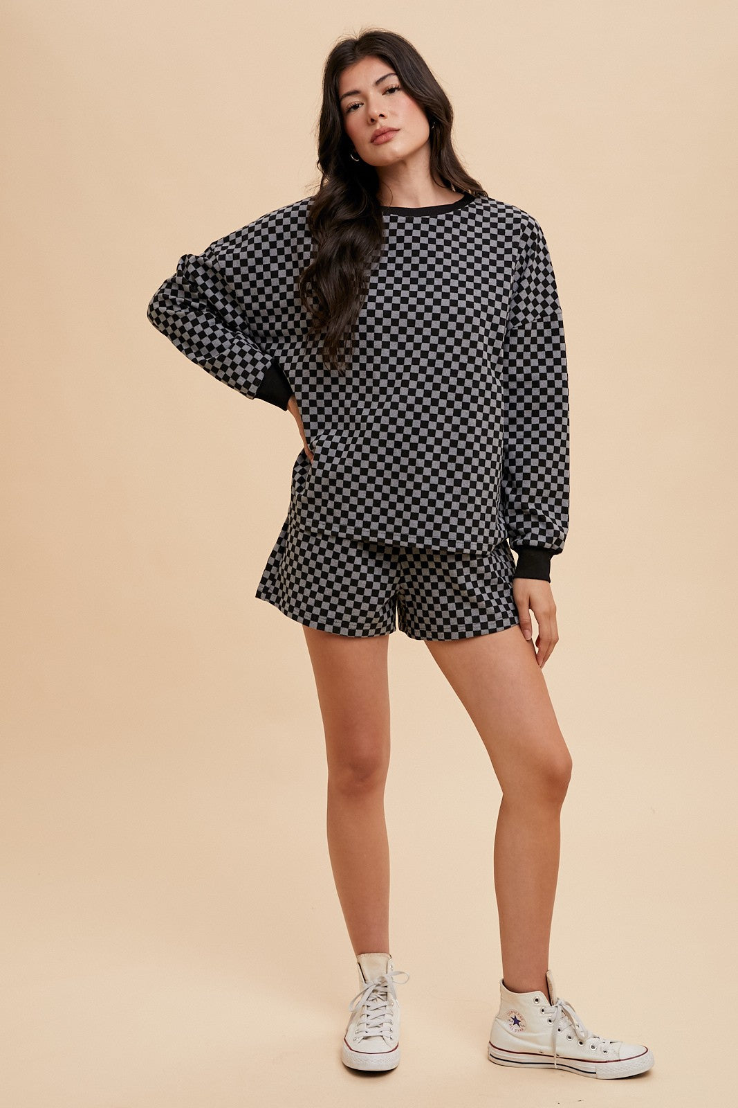 Checkered Round Neck Top and Drawstring Shorts Set