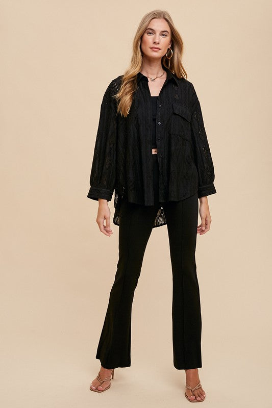 Openwork Button Down Drop Shoulder Shirt