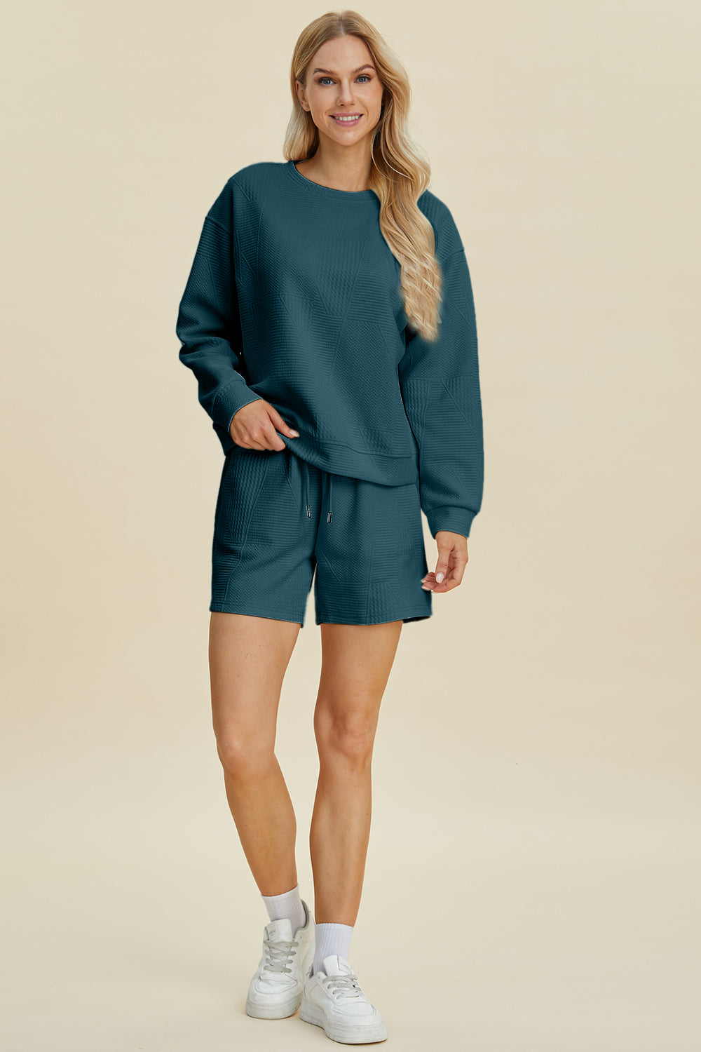 Texture Round Neck Long Sleeve Top and Shorts Set