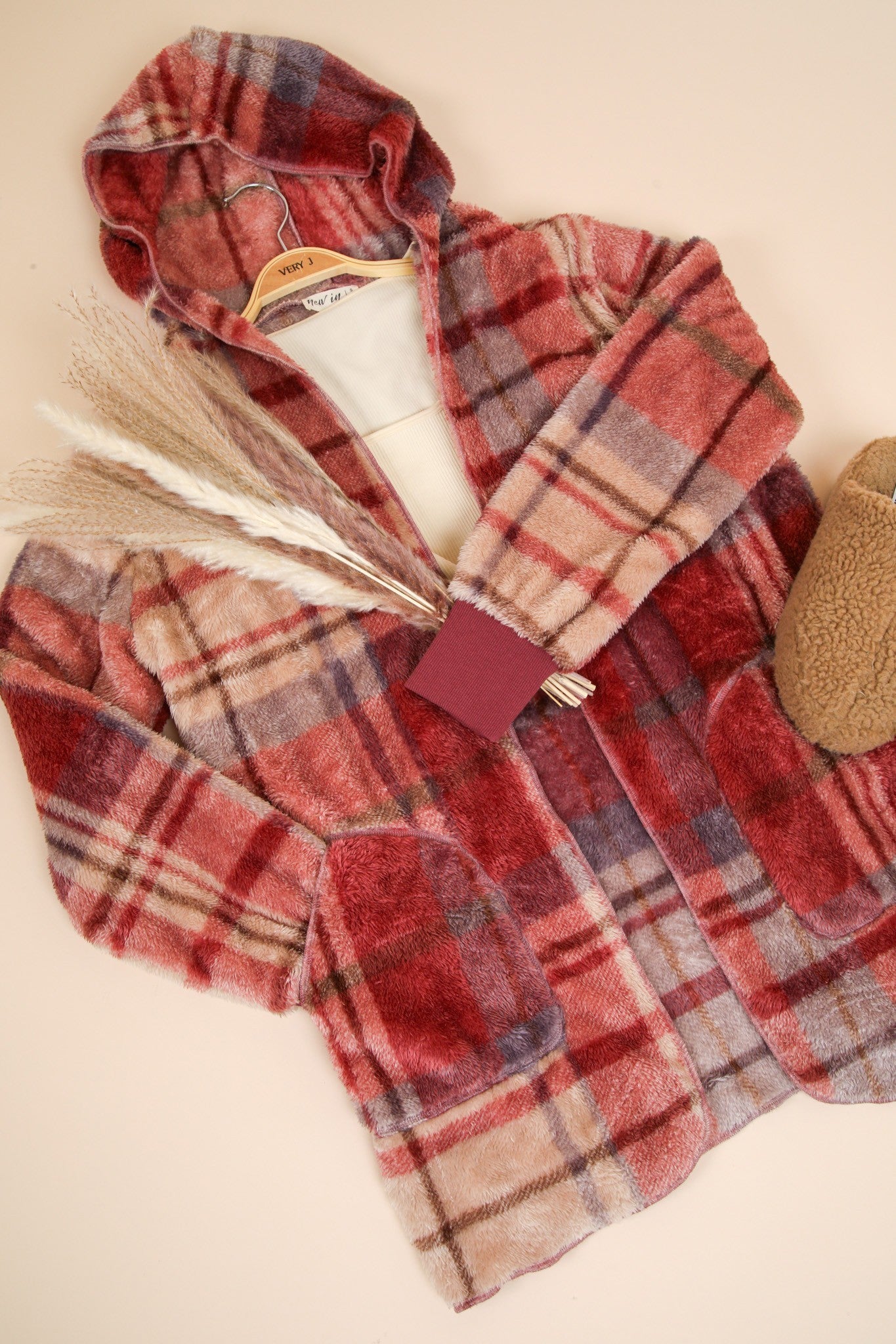 Mauve Fuzzy Plaid Long Sleeve Hooded Jacket