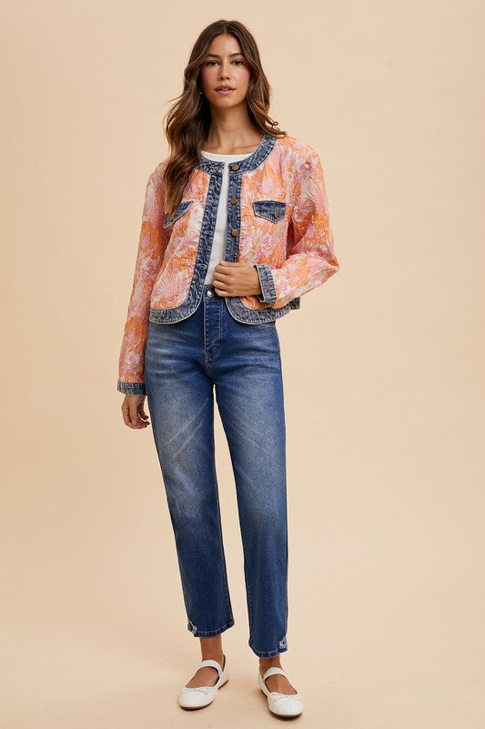 Floral Jacquard Denim Contrast Button Down Jacket