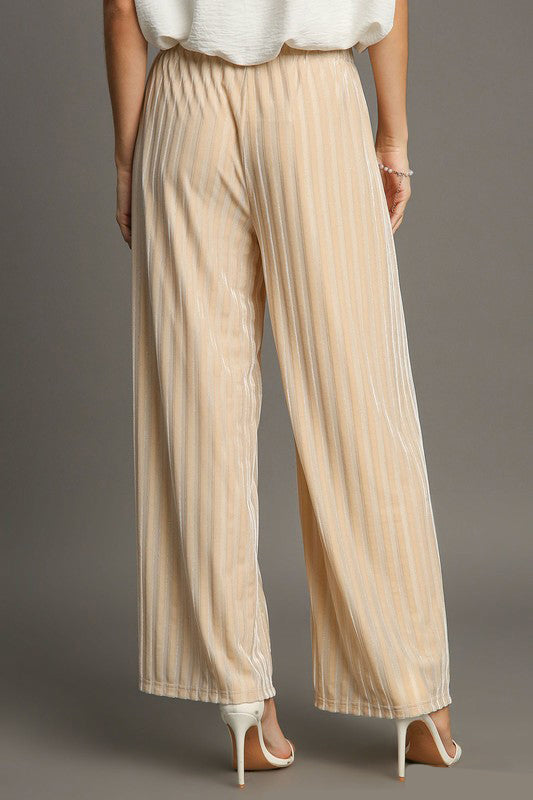 Elastic Waist Striped Wide Leg Velvet Pants