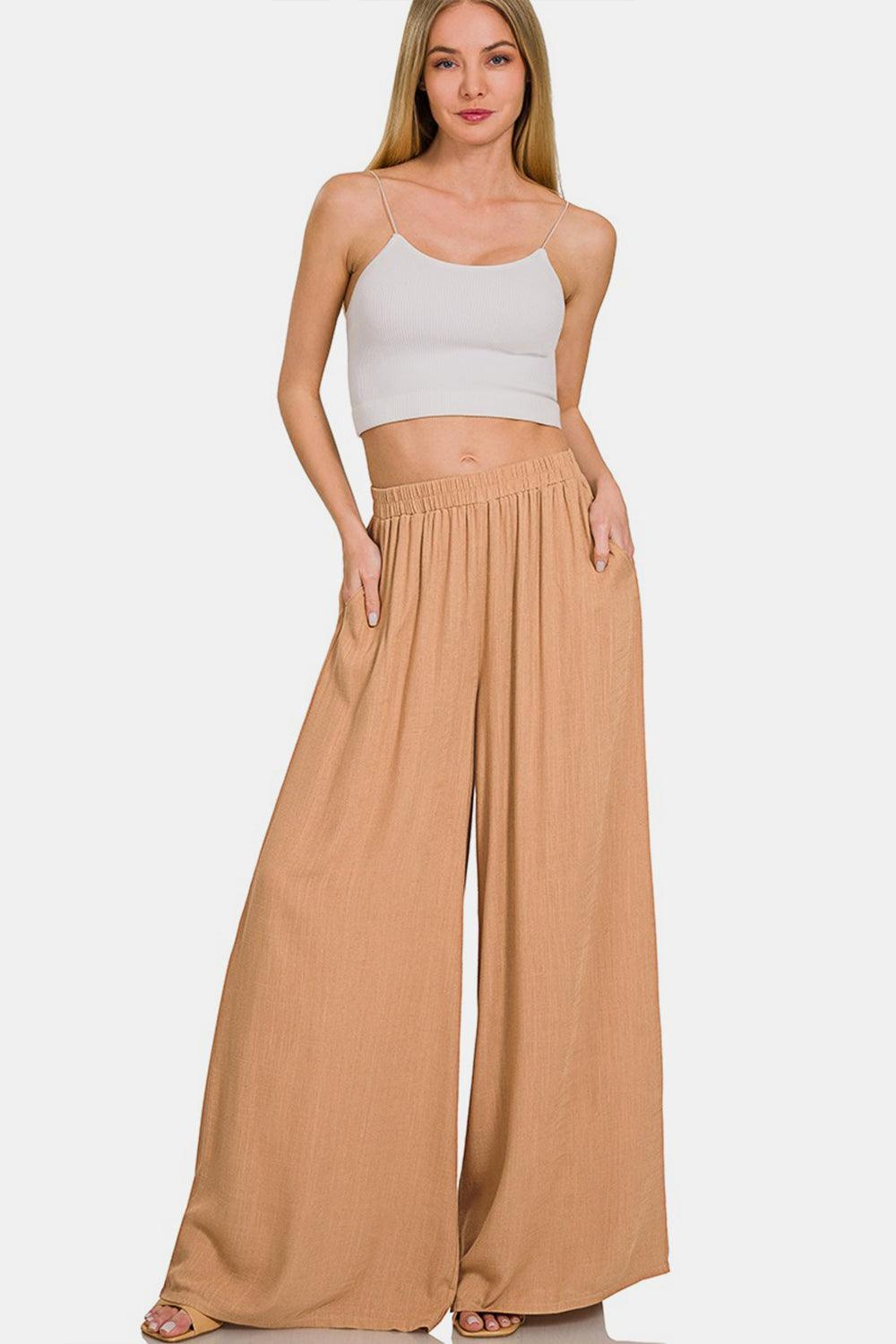 Zenana Pleated Linen Blend Wide Leg Pants - Wildflower Hippies