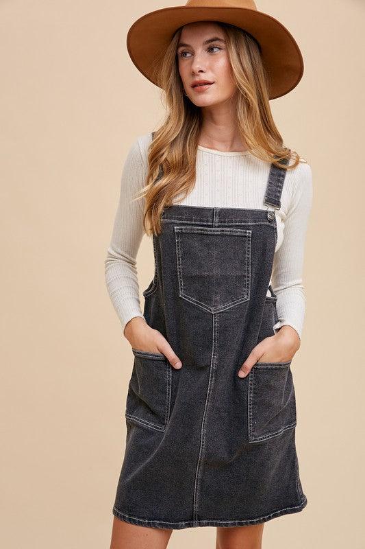 Wide Strap Denim Overall Dress with Pockets