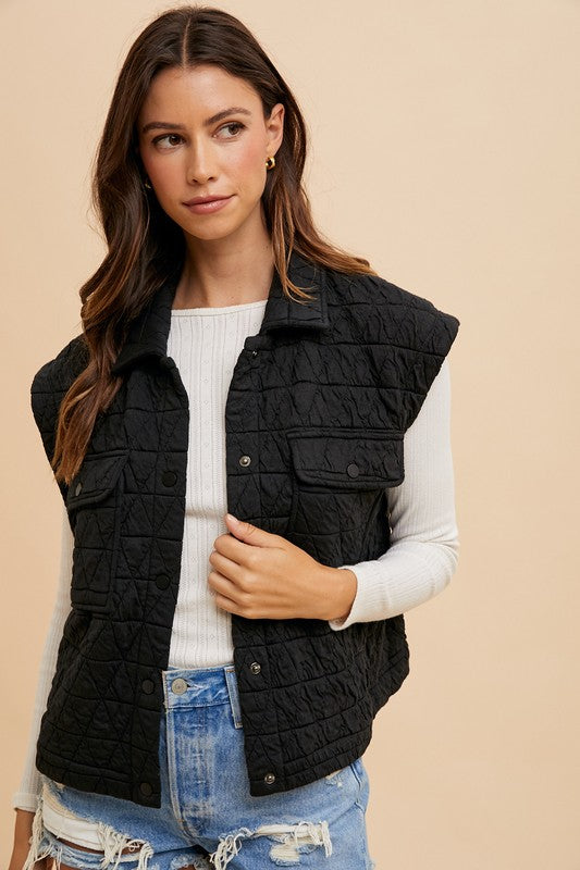 Texture Quilted Snap Down Vest Coat