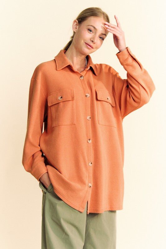 Waffle-Knit Button Down Shirt